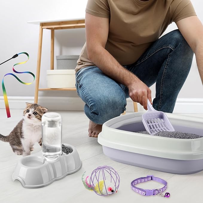 7 Pcs Small Cat Kitten Starter Kit Cat Litter Box with Shovel Paw Litter Mat Double Automatic Kitten Bowls Toy Teaser Stick Collar Essentials Kits for 1-3 Lbs Beginner(Stylish,Purple)
