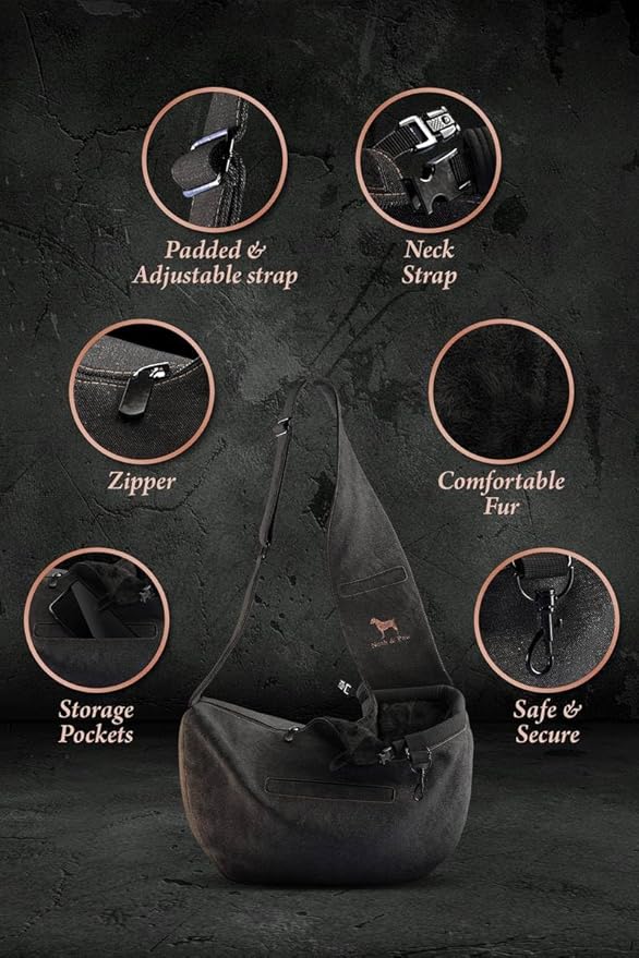 Noah & Paw Dog Sling Carrier for Small Dogs 5-18lb, Dog Sling for Small Dogs and Cats, Dog Carrier with Adjustable Padded Strap, Denim Lined with Fur, 3X Safety Features, Machine Washable