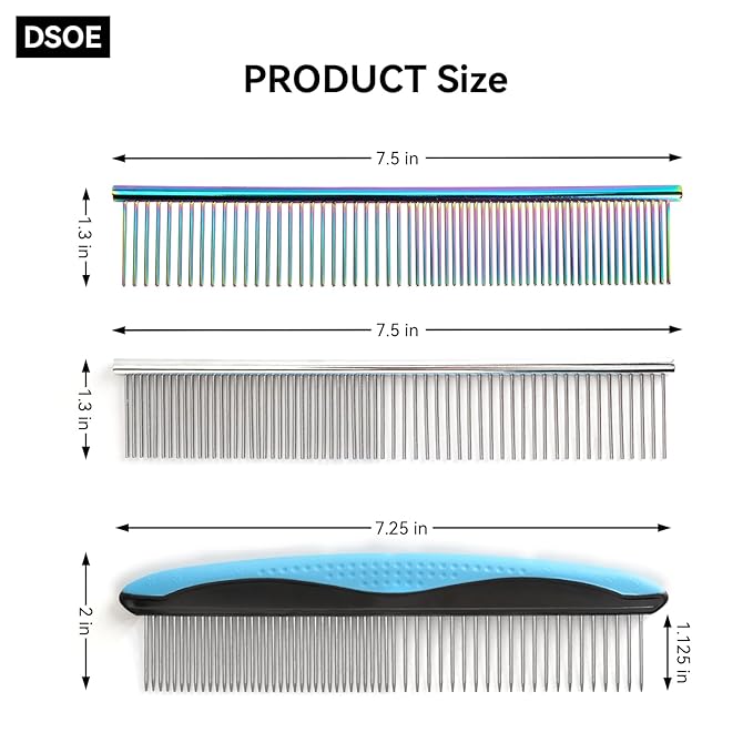 3 PCS Dog Combs for Grooming Matting, Pet Grooming Tools, 2 in 1 Dog Combs with Rounded Ends Stainless Steel Teeth, Cat Comb for Removing Tangles and Knots, Pet Comb, metal comb for dogs, 7.4IN/1.3IN