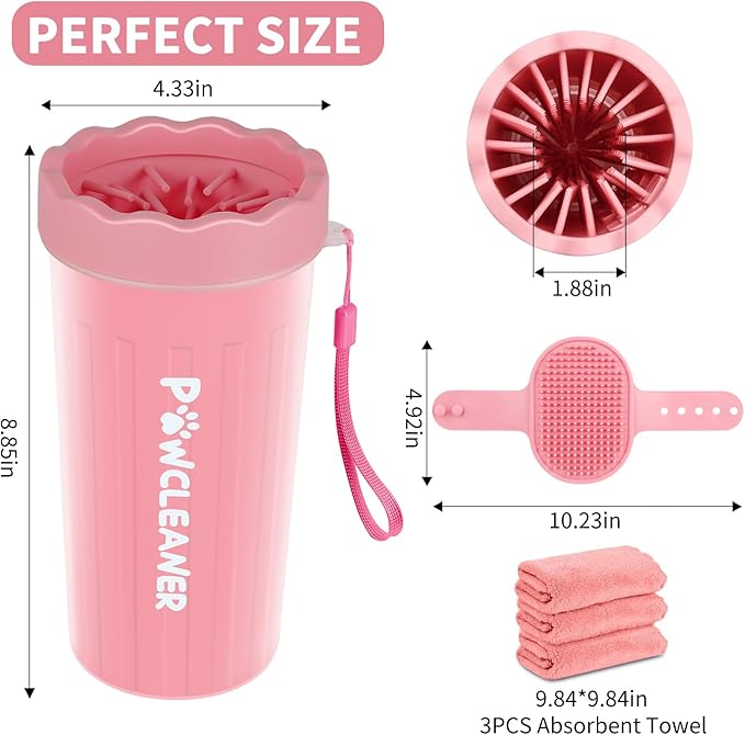 Dog Paw Cleaner for Dogs, (with 3Pcs Absorbent Towels & Adjustable Bath Brush) Dog Paw Washer, Pet Foot Cleaner (Pink, Large)