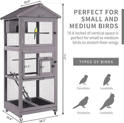 Aivituvin Outdoor Bird Cage Large Wooden Bird Aviary with Perch for Parakeet,Macaw and Any Small Birds,Wire Netting Above The Tray,Prevent Escape