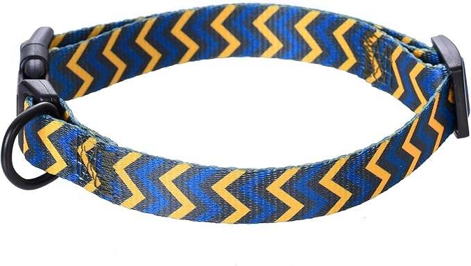 Mile High Life Dog Collar | Cute Puppy Collars | Lightweight Girl Dog Collar | Soft Boy Dog Collars | w Geometric Ocean Wavy Pattern (Blue/Yellow, Medium)