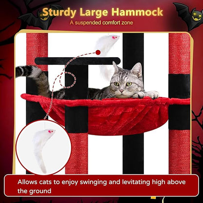 Globlazer Gothic Cat Tree Tower with Scratching Post for Indoor Cats, 53inch Tall Plush Multi-Level Cat Climbing Tower Condo with Large Hammock, Spacious Cat Cave, Padded Top Perch, F53, Red Black