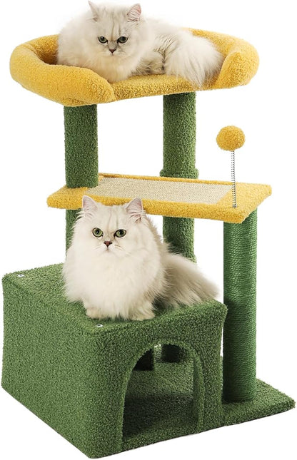 Made4Pets Cat Tree, Small Cat Tower for Indoors Cats, Cute Wood Kitty Condo with Scratching Post and Pad, 29" Multi-Level Modern Activity Climbing Furniture for Small and Medium Cats, Green
