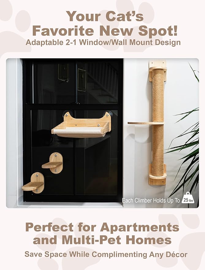 Window/Wall Mount Cat Wall Shelves by Pet Savvy – Cat Hammock (Oatmeal), Scratching Post with Landing, Two Steps – Natural Pine, Jute Rope, Sized for Cats up to 25lbs – 4 pc Set