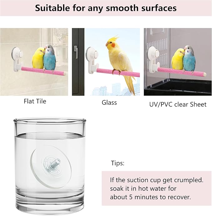 2Pcs Suction Cup Bird Perch,Wooden Parrot Window/Mirror/Car/Travel/Shower Perches Stand Quartz Portable Parakeet Grinding Stick Training Toys for Small and Medium Birds(Pink)