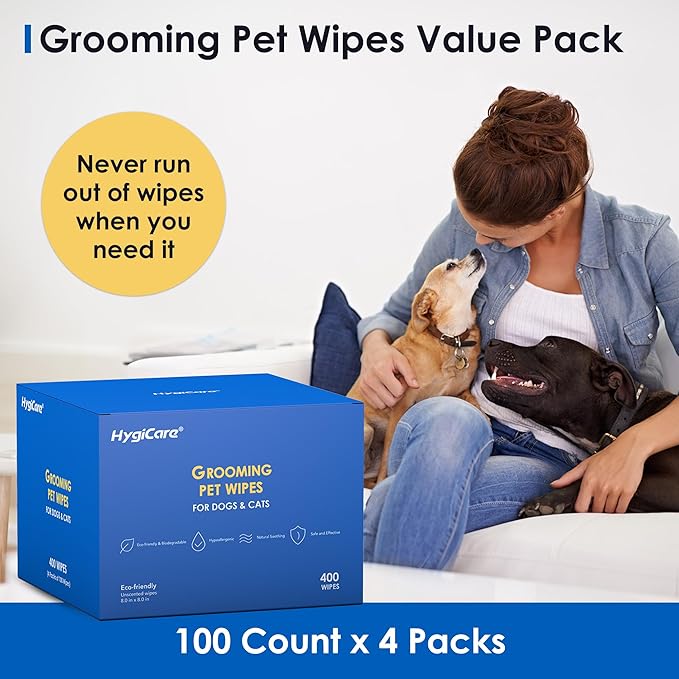 Pet Grooming Wipes for Dogs & Cats, 400 Count, 8"x8" Ultra Thick & Soft, Unscented, Hypoallergenic Formula, Safe on Coat, Paws, Ears, Bum & Sensitive Skin