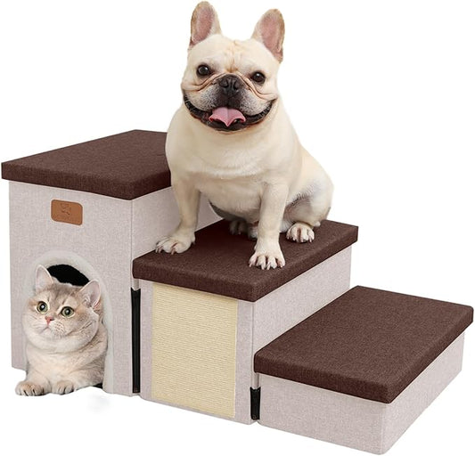 downluxe Dog Stairs for Small Dogs, Foldable Dog Steps for Bed, Sofa and Chair, Non-Slip Pet Steps with Cat Scratcher and Condo (3-Step Pet Stairs, Brown-Beige)