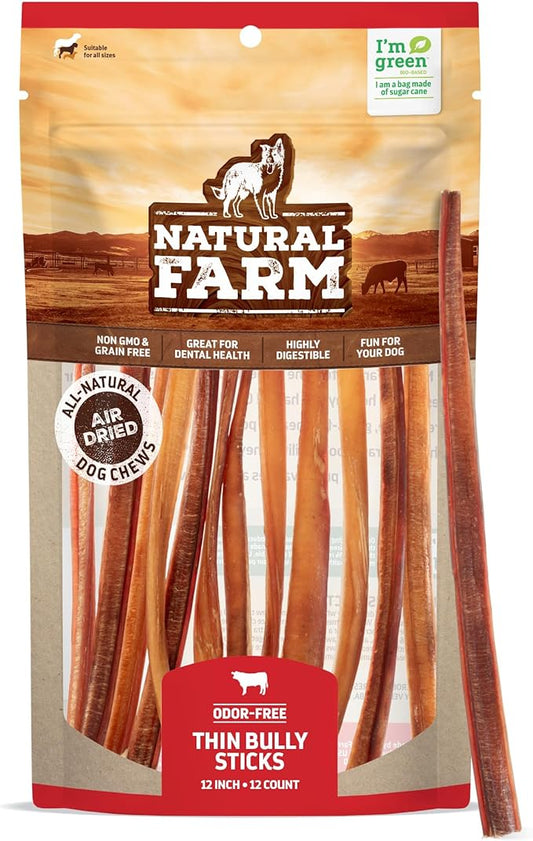 Natural Farm Odor-Free Thin Bully Sticks (12, 12-Pack) All-Natural Long-Lasting Dog Chews, 100% Beef Pizzle, Grass-Fed, Grain-Free, Protein for Muscle Development & Energy, Perfect for Large Dogs