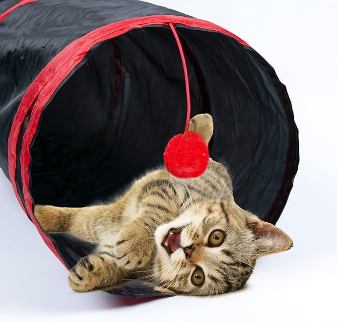 Sheldamy Cat Tunnel, 2-Way Collapsible Play Tunnel, Interactive Toy Maze for Small Animals, Red & Black