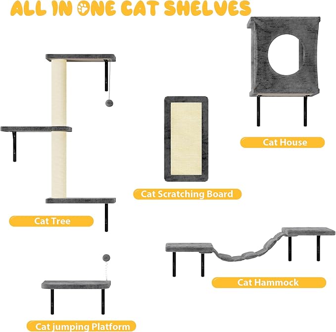 NUNU LAB Cat Wall Shelves, 10-in-1 Wall-Mounted Cat Furniture Set, Large Cat Climber Set with House, Bridge, Steps, Scratcher, DIY Playground, Shelves for Indoor Wall Furniture Set - Gray