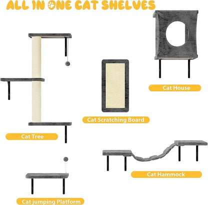 NUNU LAB Cat Wall Shelves, 10-in-1 Wall-Mounted Cat Furniture Set, Large Cat Climber Set with House, Bridge, Steps, Scratcher, DIY Playground, Shelves for Indoor Wall Furniture Set - Gray