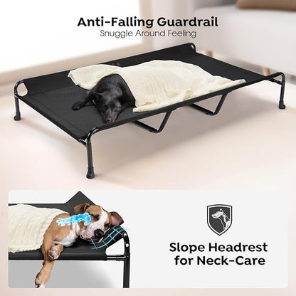 Veehoo Cooling Elevated Dog Bed, 59" x 37" Raised Dog Beds for Large Dogs, Outdoor Dog Bed with Guardrail, Upgraded Non-Slip Feet, Breathable Teslin Mesh, Portable Camping Dog Cot, Black