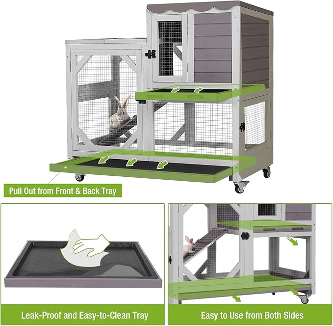GUTINNEEN 2-Story Rabbit Hutch Indoor Bunny Cage Outdoor Guinea Pig House Wooden Small Animal Cage with Chew-Proof Ramp, Leak-Proof Tray, Lockable Wheels for 2-4 Rabbits, Guinea Pigs (Grey)