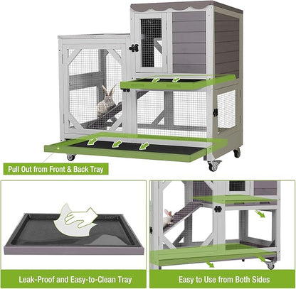 GUTINNEEN 2-Story Rabbit Hutch Indoor Bunny Cage Outdoor Guinea Pig House Wooden Small Animal Cage with Chew-Proof Ramp, Leak-Proof Tray, Lockable Wheels for 2-4 Rabbits, Guinea Pigs (Grey)