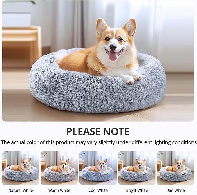 JOLLYVOGUE Small Dog Bed & Cat Bed, Anti-Anxiety Calming Dog Bed for Small Dogs, Donut Warming Cozy Soft Round Pet Bed, Fluffy Faux Fur Cushion Bed for Small Medium Dogs(20")