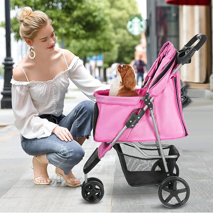 Dog Stroller for Small Dogs, Portable Pet Stroller for Cats Folding Puppy Stroller Lightweight Dog Cat Cage Jogger Stroller with Storage Basket and Cup Holder, 3 Wheels, Pink