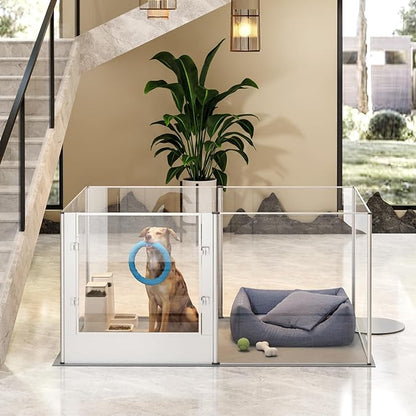 Dog Clear Playpen Fence Kennel: 32" Extra Tall Puppy Birthing Enclosure with Waterproof Fertility Pad - 64"x43" Pet Heavy Duty Play Pin Corral with Transparent View and Lockable Door for Dogs Bunny