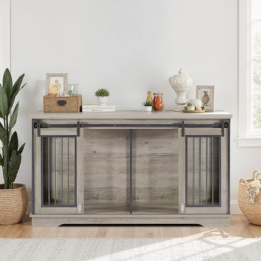 Rovibek 60.6" Double Dog Crate Furniture, Large Dog Kennel Furniture TV Stand for 2 Dogs, Furniture Style Dog Crates End Table, Wood Crates for Dogs Grey
