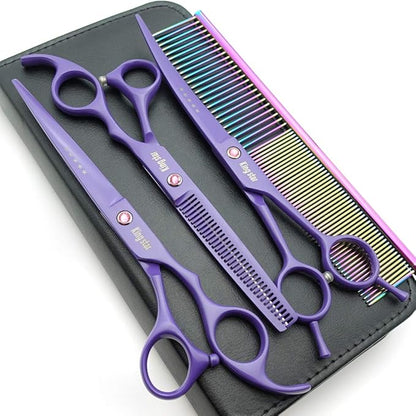 7.0in. Matt Purple Professional Pet Grooming Scissors Set,Straight & Thinning & Curved Scissors Set with Comb,case,A429