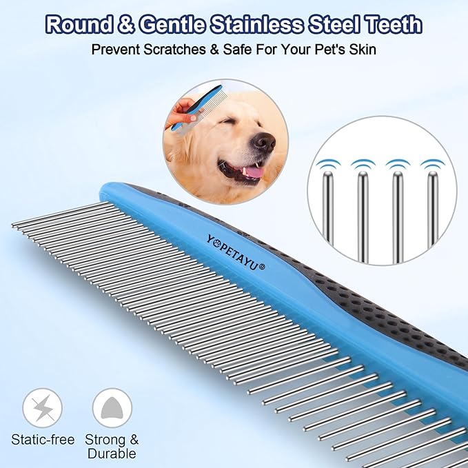 Dog Brush for Shedding, Self-Cleaning Slicker & Comb, Nail Clipper, Bath Brush, Undercoat Rake. Removes Mats, Tangles, Fur. 6 PCS Kit for Small To Large Dogs, Short & Long Haired Pets. Blue