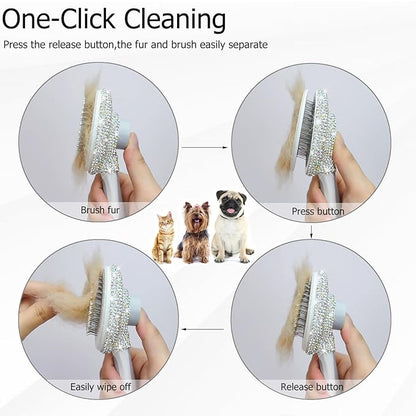 Bling Self Cleaning Slicker Brush for Dogs & Cats, Grooming Brushes for Long Short Haired Pets,Dog Brush for Shedding, Skin Friendly Deshedding Brush, Inlay Rhinestone Cat Brush,Rake, Comb
