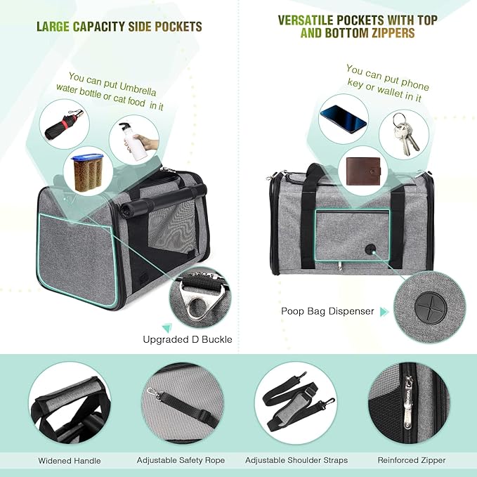 YUDODO 25 lbs Lightproof Pet Carriers Airline Approved Dog Cat Travel Soft Sided Carrier Reflective Mesh Safe Pet Cat Carrier Foldable Portable Small Animal Rabbit Puppy Cat Carrier Grey Green