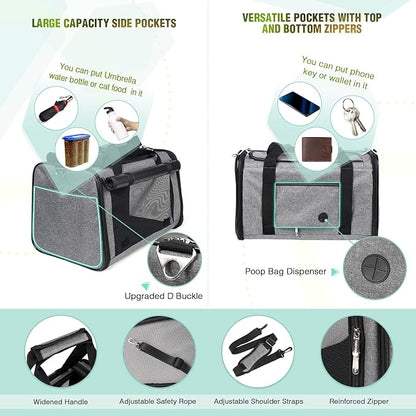 YUDODO 25 lbs Lightproof Pet Carriers Airline Approved Dog Cat Travel Soft Sided Carrier Reflective Mesh Safe Pet Cat Carrier Foldable Portable Small Animal Rabbit Puppy Cat Carrier Grey Green