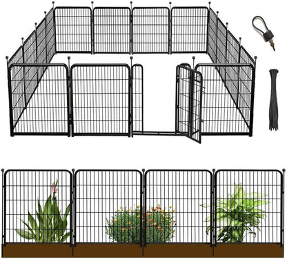 56in(H) Garden Fence, 10 Panels Total 22.1 Ft(L), Garden Fence with Low Threshold Gate, Anti Dig Fence Barrier, Fencing for Garden Beds, Black Metal Decorative Garden Fencing