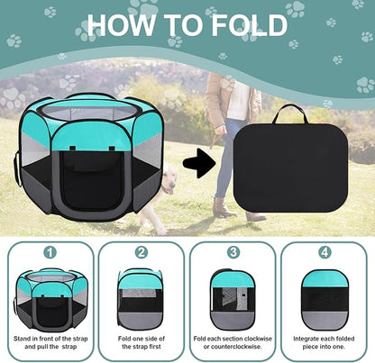 Pet Puppy Playpen for Cat Dog Indoor Outdoor, Foldable Portable Tent, Pop Up Dog Kitten Kennel Playpen with Carrying Case and Bowl,Green,Small