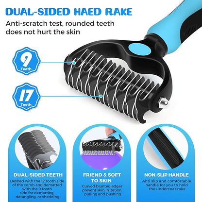 5 in 1 Dog Grooming Kit, Self Cleaning Slicker Brush for Shedding Short Long Haired Dogs & Cats, Includes Pet Comb, Flea Comb, Bath Brush, Undercoat Rake, Blue