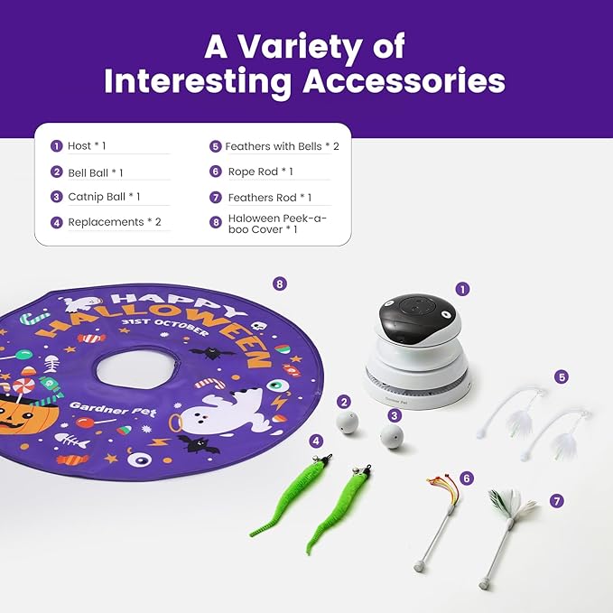 Gardner Pet Halloween Cat Laser Toys, Chargeable 5 in1 Hide and Seek Automatic Interactive Cat Toy, Moving Ambush Feather, Track Balls,Indoor Exercise Kicker 24 inch Cover for All Breeds, Chirping