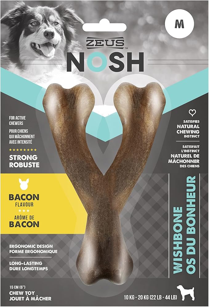 ZEUS Nosh Strong Dog Chew Bones, Dog Chew Toys for Aggressive Chewers, Long Lasting Bacon Flavor, Medium Wishbone, Brown, 96444