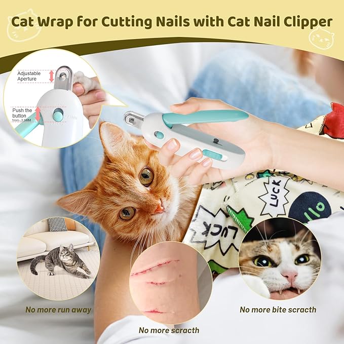 Cat Wrap for Grooming, Self-Adhesive Cat Swaddle Wrap with Nail Clipper, Soft Calming Pet Blanket Anti-Escape Grooming Bag for Cats and Dogs Up to 11lbs (Animal 3)
