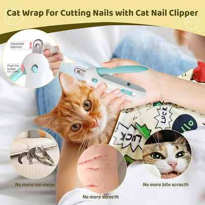 Cat Wrap for Grooming, Self-Adhesive Cat Swaddle Wrap with Nail Clipper, Soft Calming Pet Blanket Anti-Escape Grooming Bag for Cats and Dogs Up to 11lbs (Animal 3)