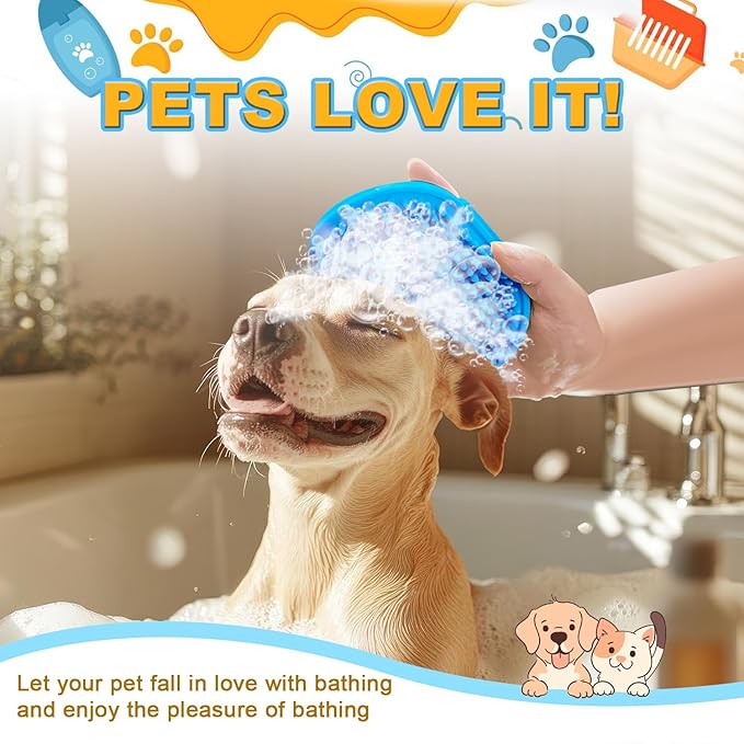 3Pcs Dog Bath Brush, Dog Scrubber for Bath, Dog Shampoo Brush Bubble Maker, Dog Paw Washer, dog grooming Massage Brush with Adjustable Ring Handle, dog accessories for Short & Long Hair -Yellow