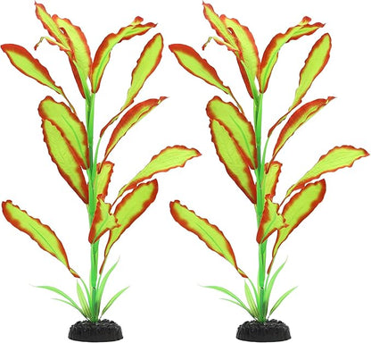 ALEGI Silk Aquarium Plants, 16 Inch Artificial Silk Plants Decorations for Fish Tank,Aquarium Décor Plastic Plants (Light Green with Red, 2 Pack)