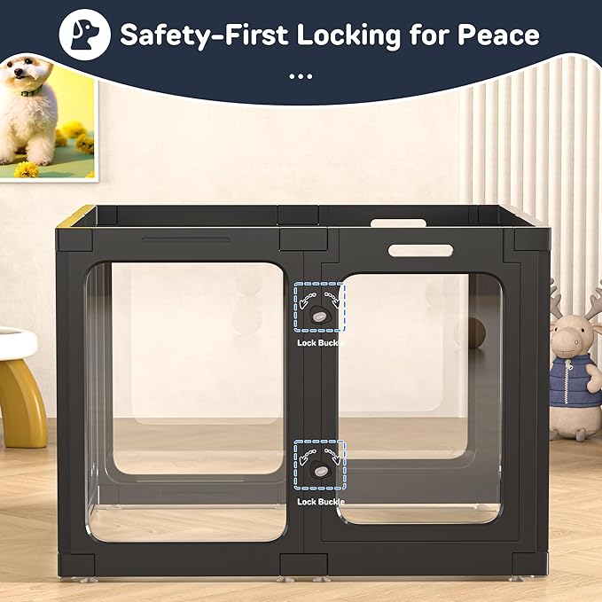 Acrylic Dog Playpen Indoor, 8 PCS Plastic Puppy Playpen with Door, Clear PlayPen for Dog Cat Rabbit Ferret, Easy Assemble Pen, Preferable Small Cage, Black, 33.5" L x 33.5" W x 24" H