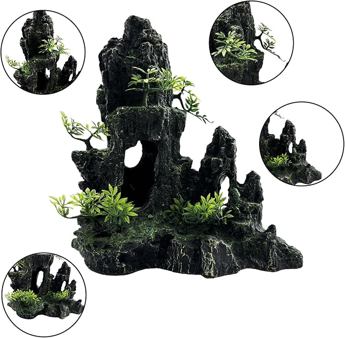 Large and Tall Fish Tank Decorations Aquarium Mountain View Stone Decorations Resin Rock Aquascaping with Hiding Cave, Fish Tank Accessories Aquarium Ornaments with Small Plants (B)