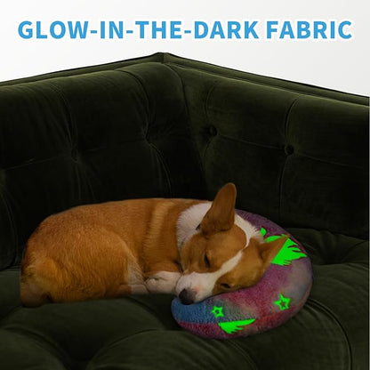 Glow-in-the-Dark U-Shaped Calming Pet Pillow for Dogs & Cats, Machine Washable Ultra-Soft Fleece Cover Comforting Neck Support Pillow for Elderly, Weak, Disabled Pets, Luminous for Nighttime (Rainbow)