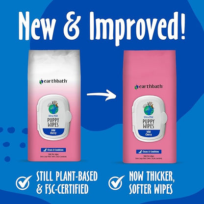 earthbath, Ultra-Mild Wild Cherry Puppy Wipes - Dog Wipes for Paws and Butt, Best Pet Wipes for Dogs & Puppies, Made in USA, Cruelty-Free Dog Cleaning Wipes - 100 Count (1 Pack)