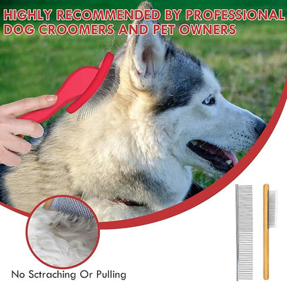 Dog Slicker Brush for Medium or Long Haired Dogs, Removes Loose Hair, Tangles and Knots, Best Grooming Brush for Small Animals, Free Pet Comb, Red