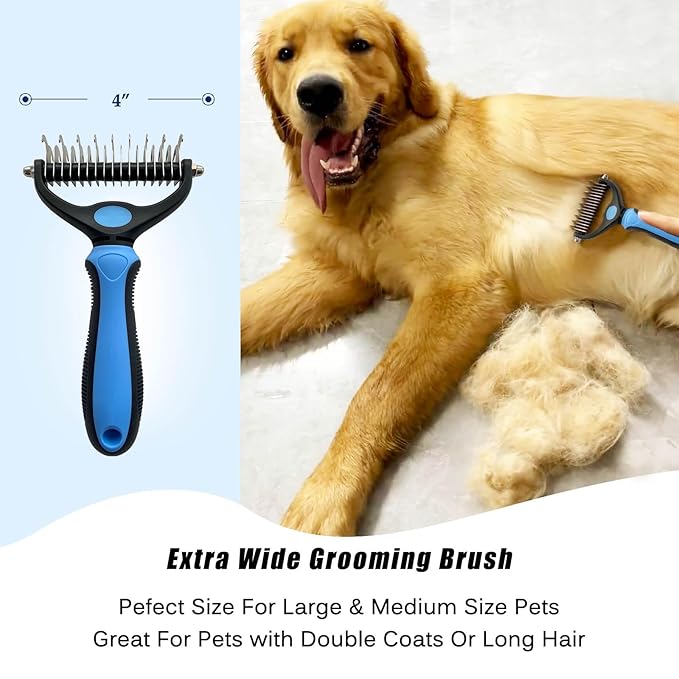 Deshedding Dog Brush And Metal Comb, Cat Brush Dog Brush Undercoat Rake for Dogs & Cats, Pet Grooming Brush For Shedding, Dematting, Pet Hair Removal Tool For Long Haired Dogs, Blue