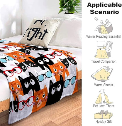 Cute Cat Blanket Animals Pet Pattern Gifts for Cat Lovers Kawaii Soft Lightweight Flannel Throw Blankets for Kids Adults 50"x40"Small For Kids