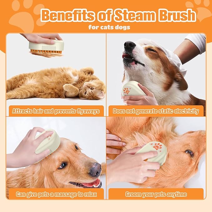 Steam Brush for Dogs Cats,Cat Steam Brush for Shedding,3 in 1 Steamy Cat Brushes,Silicone Pet Spray Hair Removal Comb for Grooming,Massage,Combing,Rechargeable Spritz Defur Comb for Cats Dogs Yellow