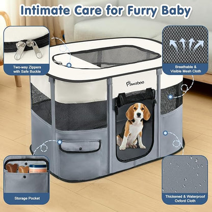 Dog Playpen, Portable Pet Playpen Cat PlayPen, 600D Oxford Dog Kennel Tent Crate, Waterproof&Breathable, Indoor Outdoor Travel Camping Use for Medium/Large Breed with Carrying Case+Folding Bowl,L,Gray