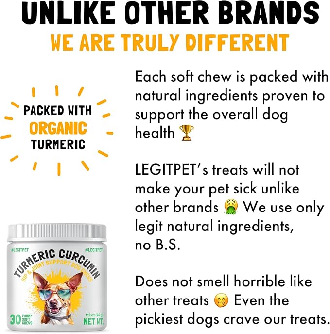 LEGITPET Turmeric Curcumin Hip & Joint Supplement for Dogs  Supports Mobility, Comfort & Overall Wellness  with Collagen & BioPerine  30 Chews