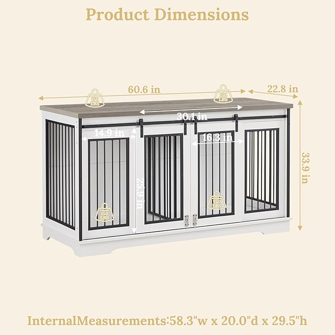 Rovibek 60.6" Double Dog Crate Furniture, Large Dog Kennel Furniture TV Stand for 2 Dogs, Furniture Style Dog Crates End Table, Wood Crates for Dogs White