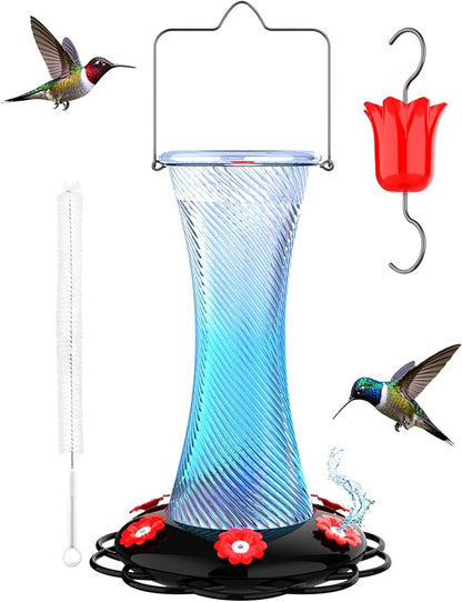 Hanging 20oz Glass Hummingbird Feeder with Moat, Small Outdoor Plastic Bird Feeder, Squirrel Proof, Ants, Outside Water Dispenser for Garden (Blue Glass Birdfeeder)