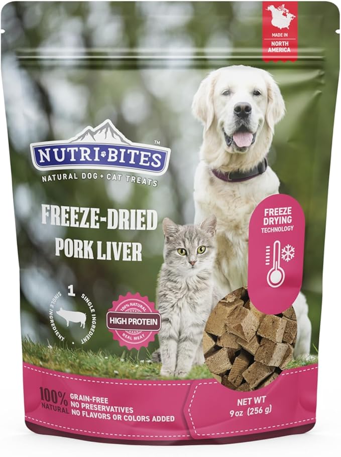 NutriBites Freeze Dried Pork Liver Dog & Cat Treats, 9 oz | Healthy Pet Training Treats or Food Topper | All Natural, Single Ingredient, High Protein | Great for Puppy, Small, Medium, or Large Breeds